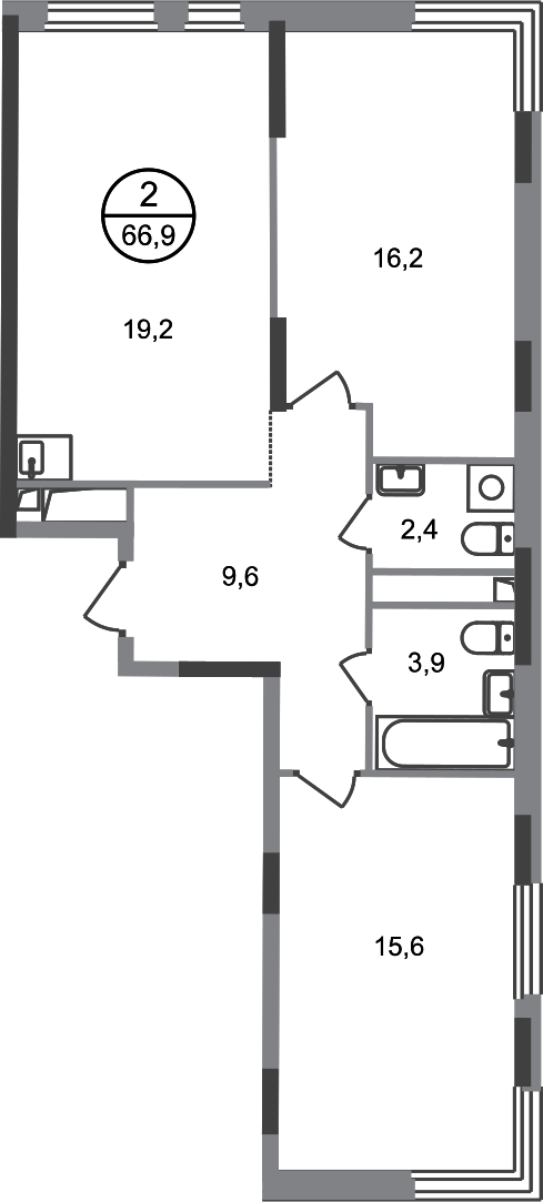 2 комн. квартира, 66.9 м², 14 этаж  (из 17)