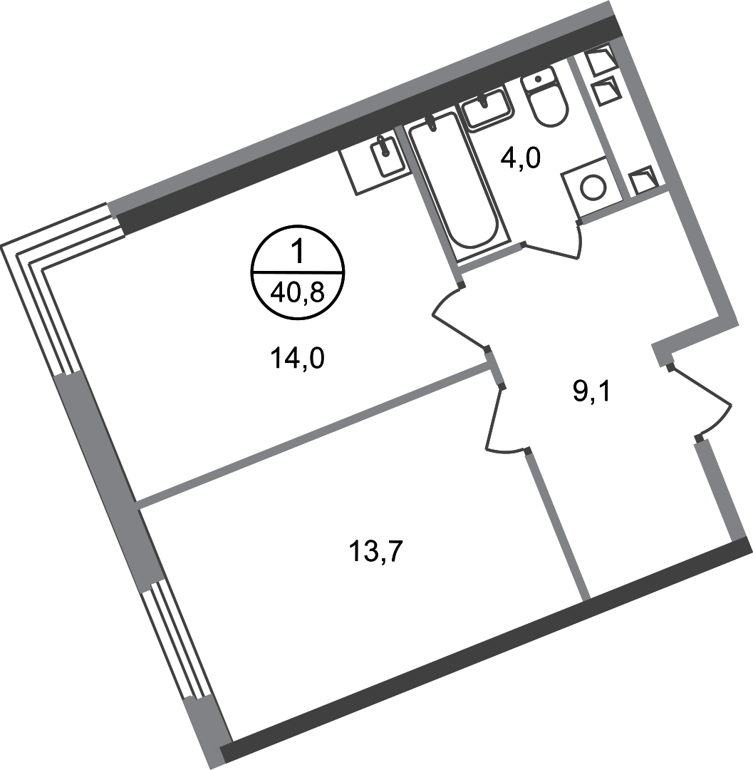 1 комн. квартира, 40.8 м², 11 этаж  (из 17)