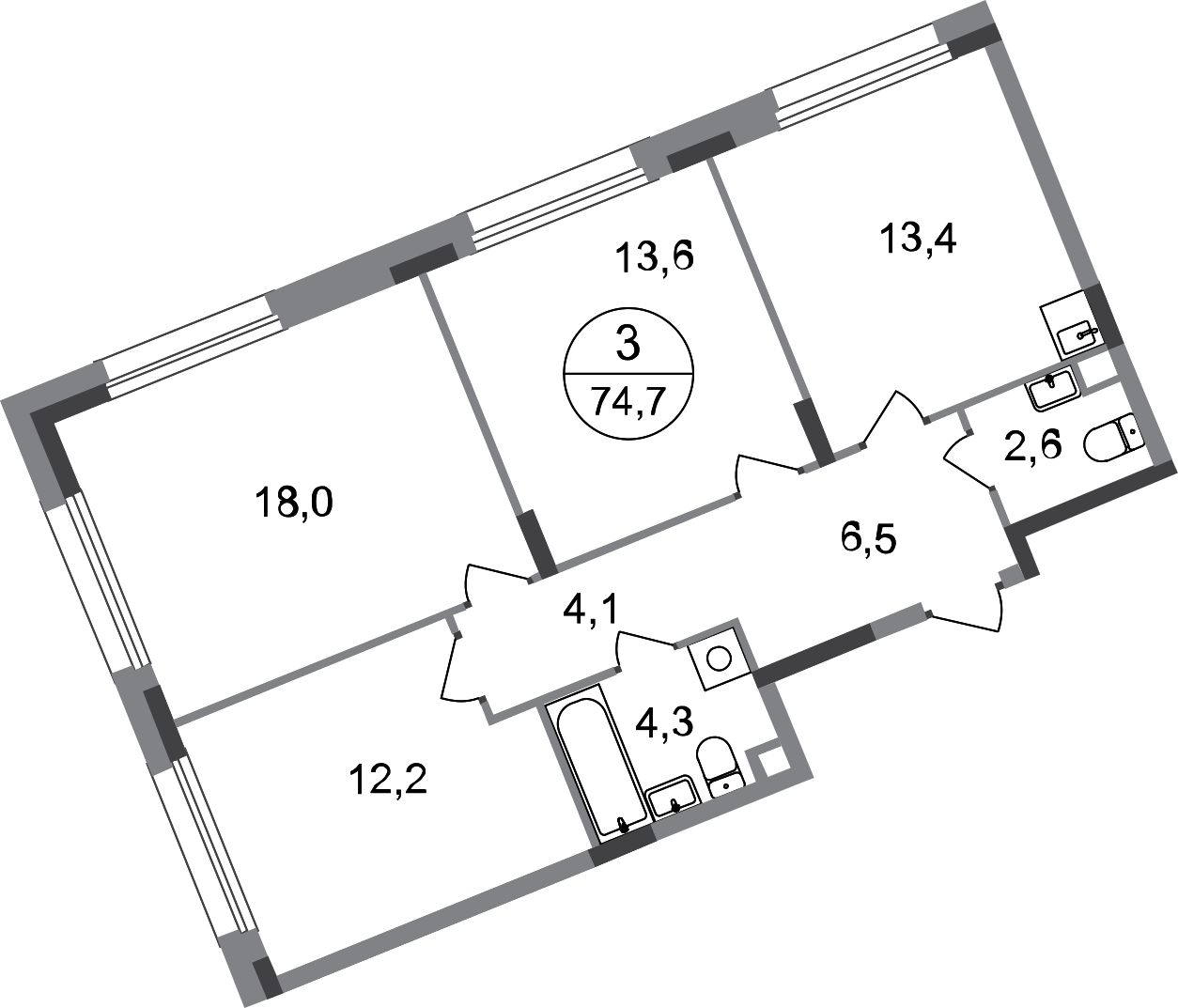 3 комн. квартира, 74.7 м², 1 этаж  (из 17)