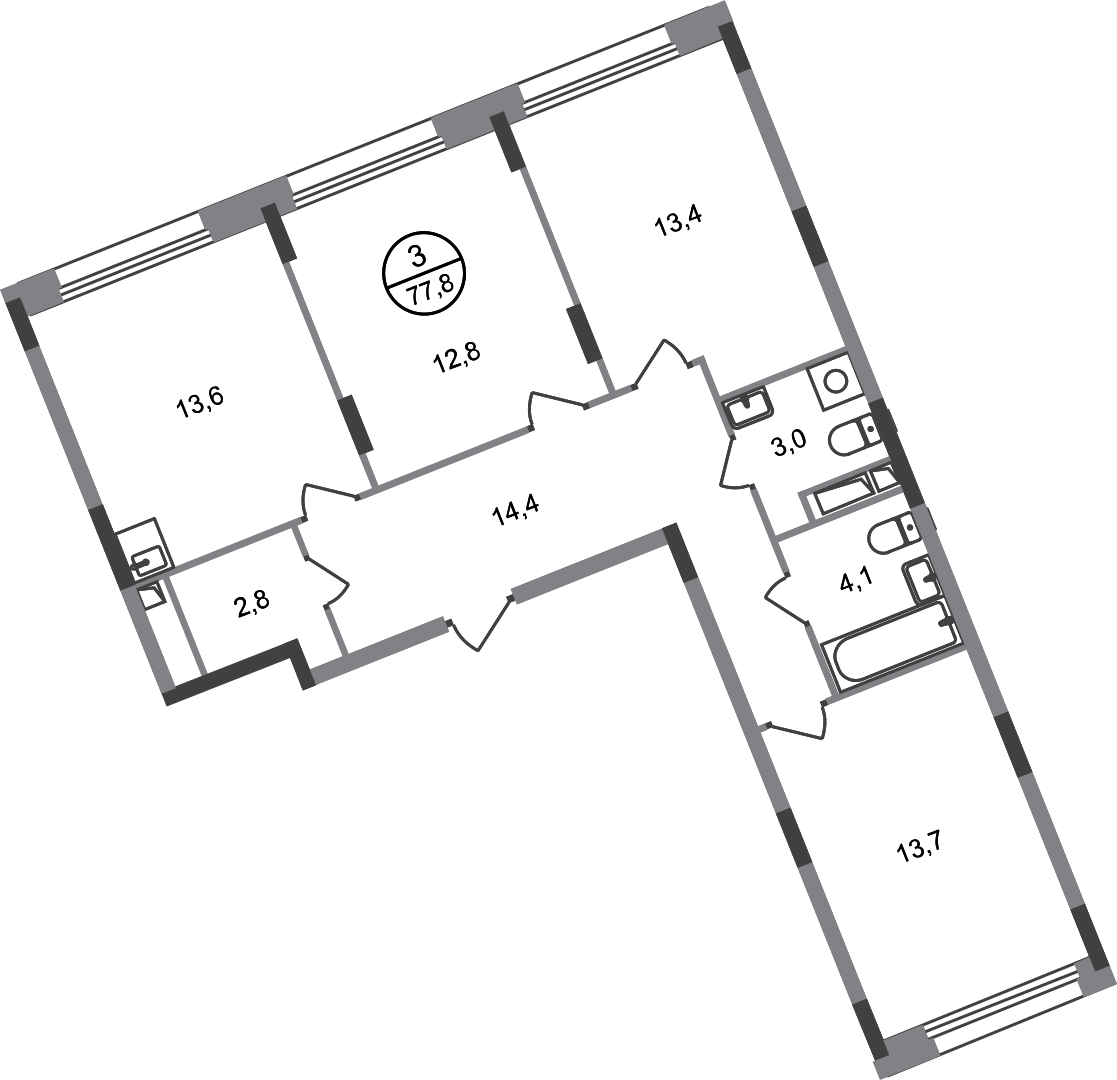 3 комн. квартира, 77.8 м², 4 этаж  (из 17)