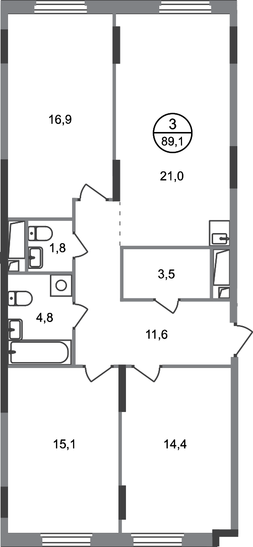 3 комн. квартира, 89.1 м², 16 этаж  (из 17)