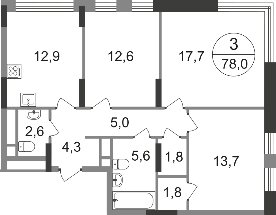 3 комн. квартира, 78 м², 8 этаж  (из 17)