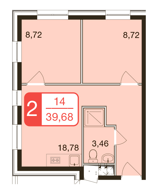2 комн. квартира, 39.6 м², 3 этаж 