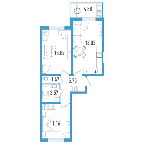 1 комн. квартира, 56.5 м², 2 этаж 