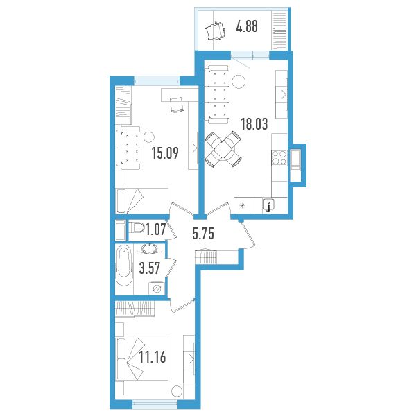 1 комн. квартира, 56.1 м², 12 этаж 