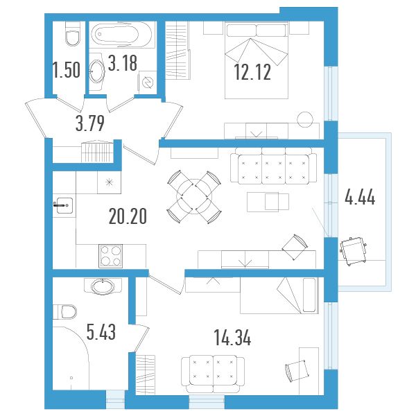 1 комн. квартира, 61.9 м², 2 этаж 