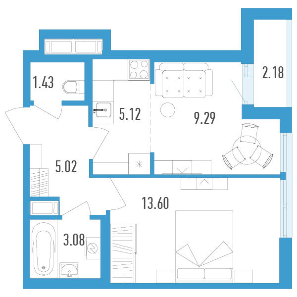 1 комн. квартира, 38.6 м², 4 этаж 
