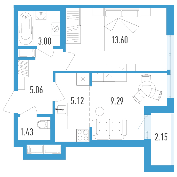 1 комн. квартира, 38.6 м², 4 этаж 