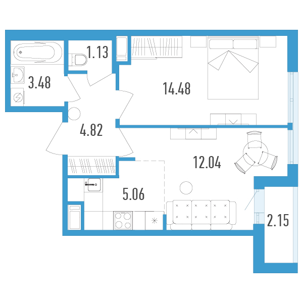 1 комн. квартира, 42.1 м², 12 этаж 
