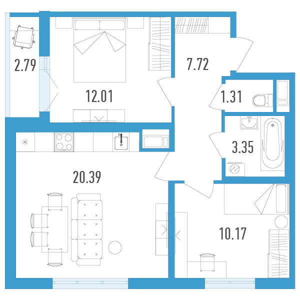 1 комн. квартира, 56.4 м², 12 этаж 
