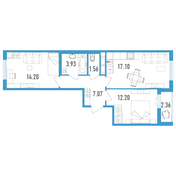 1 комн. квартира, 57.2 м², 12 этаж 