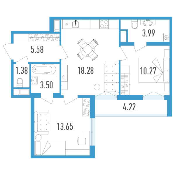 1 комн. квартира, 58.8 м², 3 этаж 