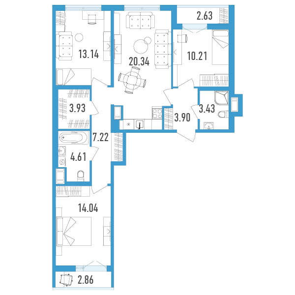 2 комн. квартира, 83 м², 4 этаж 