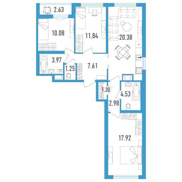 2 комн. квартира, 83.1 м², 3 этаж 