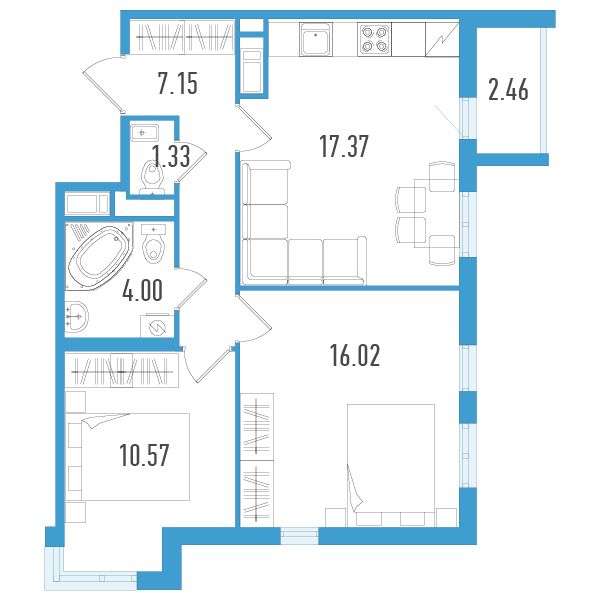 1 комн. квартира, 57.7 м², 8 этаж 