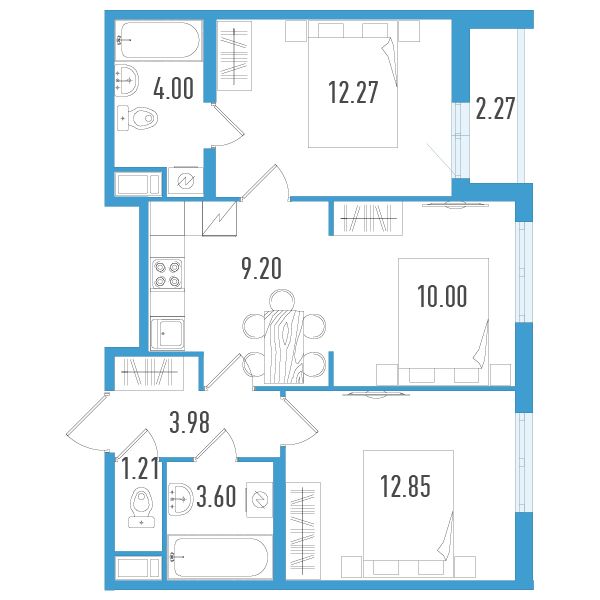 2 комн. квартира, 58.2 м², 12 этаж 
