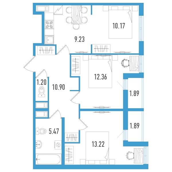2 комн. квартира, 64.4 м², 3 этаж 