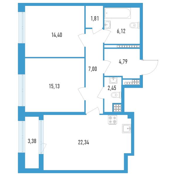 1 комн. квартира, 75.7 м², 12 этаж 