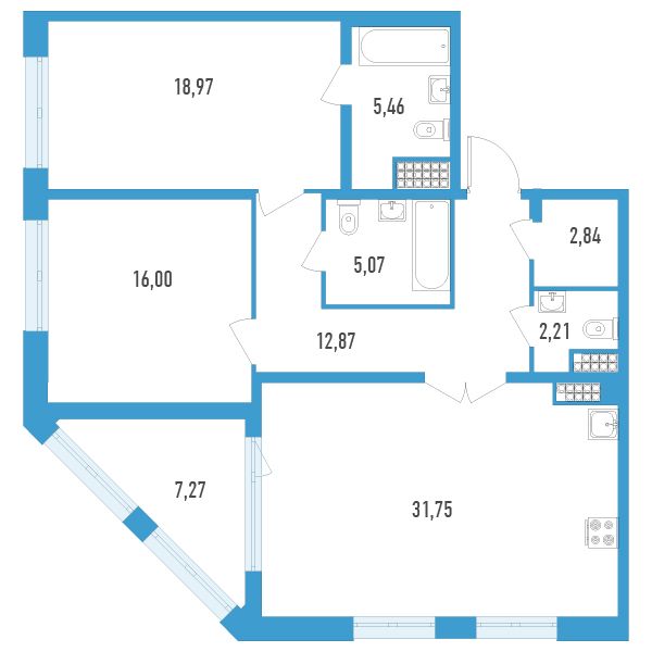 1 комн. квартира, 98.8 м², 12 этаж 