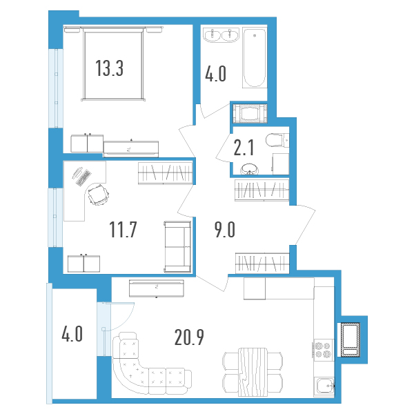 1 комн. квартира, 63 м², 17 этаж 