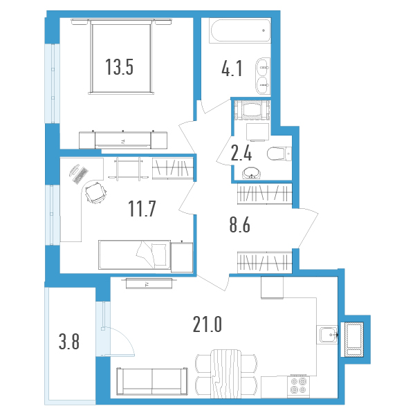 1 комн. квартира, 63.2 м², 16 этаж 