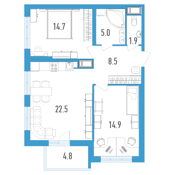 1 комн. квартира, 69.9 м², 16 этаж 
