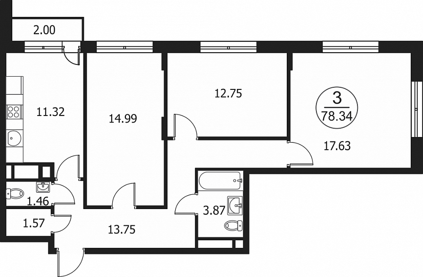 3 комн. квартира, 78.3 м², 4 этаж 