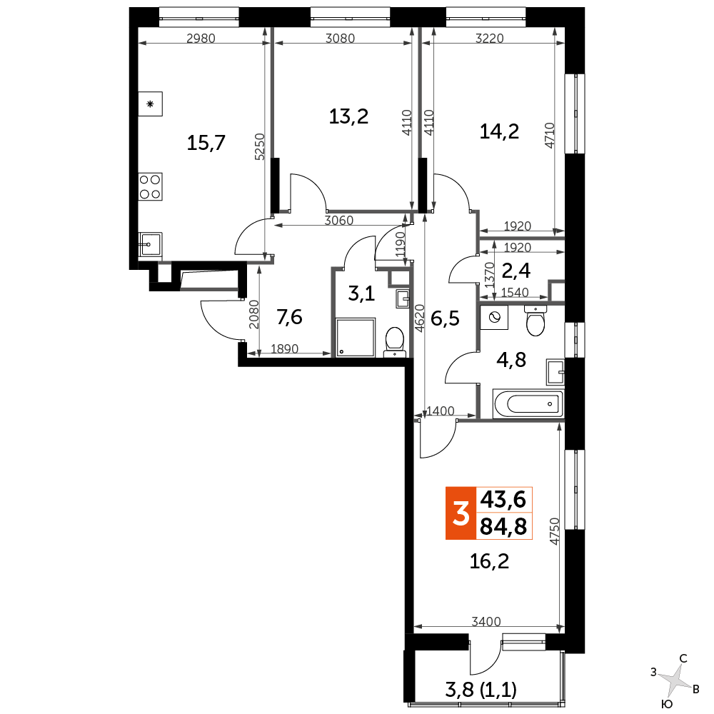 3 комн. квартира, 84.8 м², 5 этаж 
