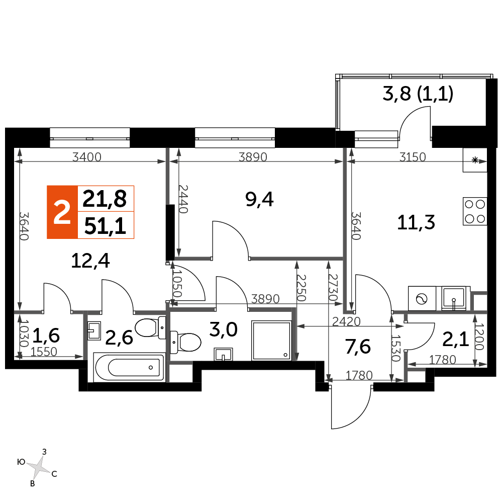 2 комн. квартира, 51.1 м², 3 этаж 