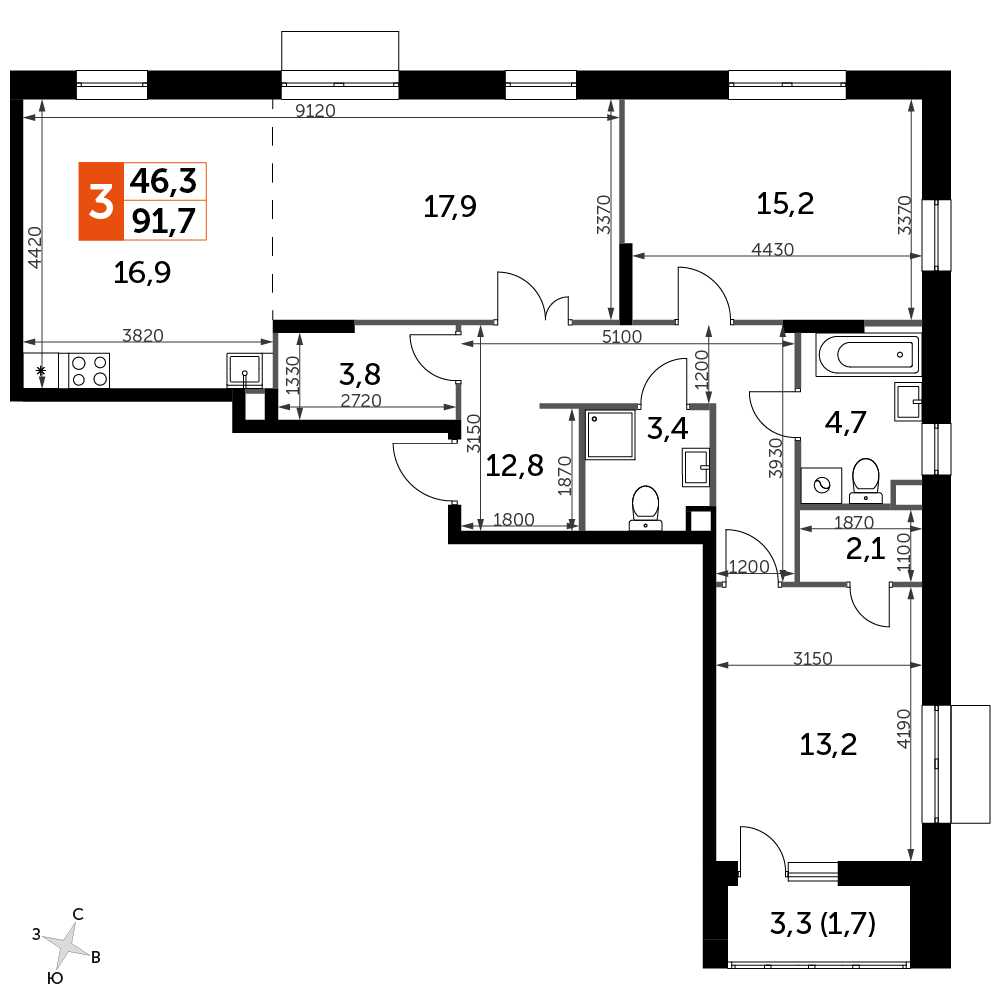 3 комн. квартира, 91.6 м², 4 этаж 