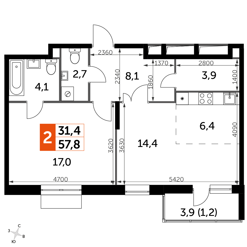 2 комн. квартира, 57.7 м², 8 этаж 
