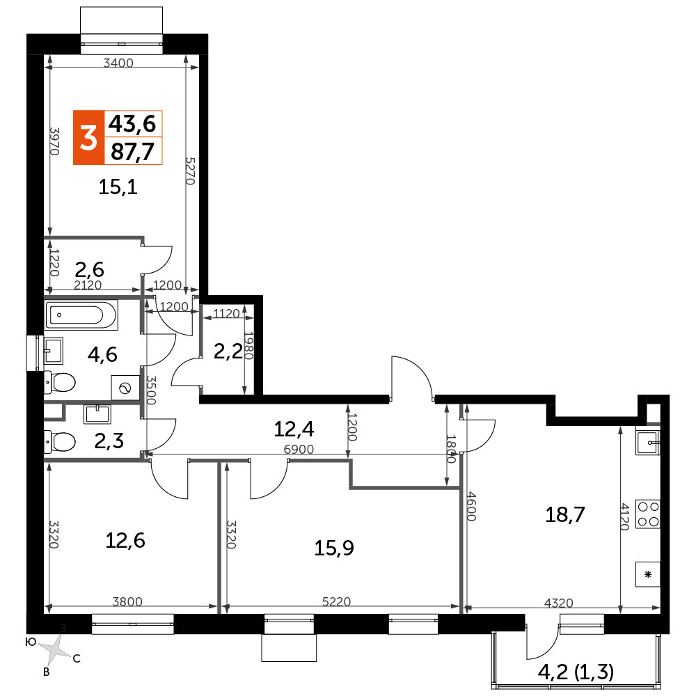 3 комн. квартира, 87.7 м², 9 этаж 