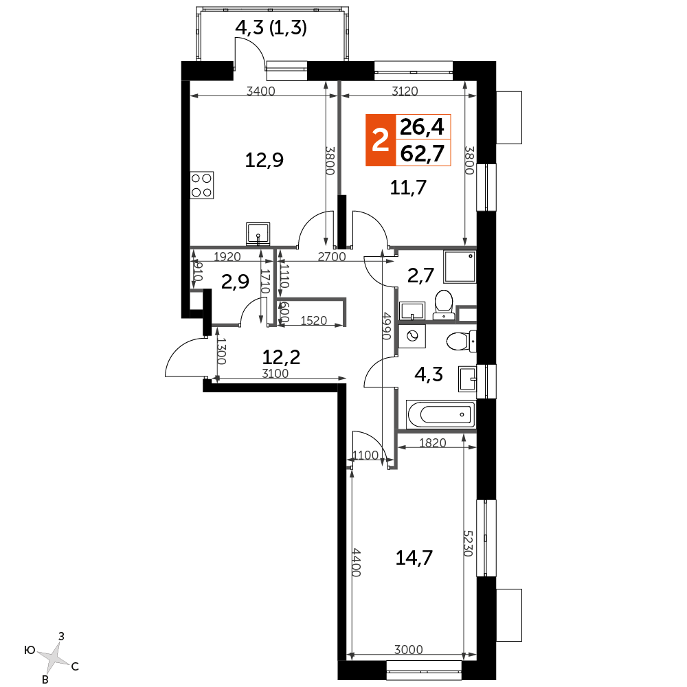 2 комн. квартира, 62.7 м², 1 этаж 