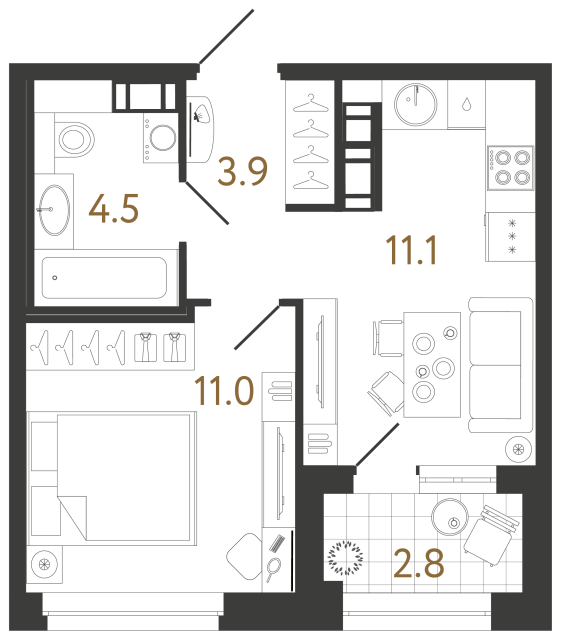 1 комн. квартира, 30.5 м², 8 этаж 