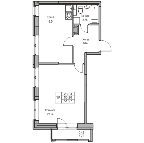 1 комн. квартира, 52 м², 6 этаж 
