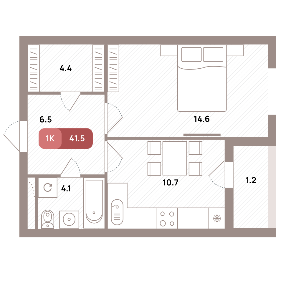 1 комн. квартира, 41.5 м², 23 этаж 