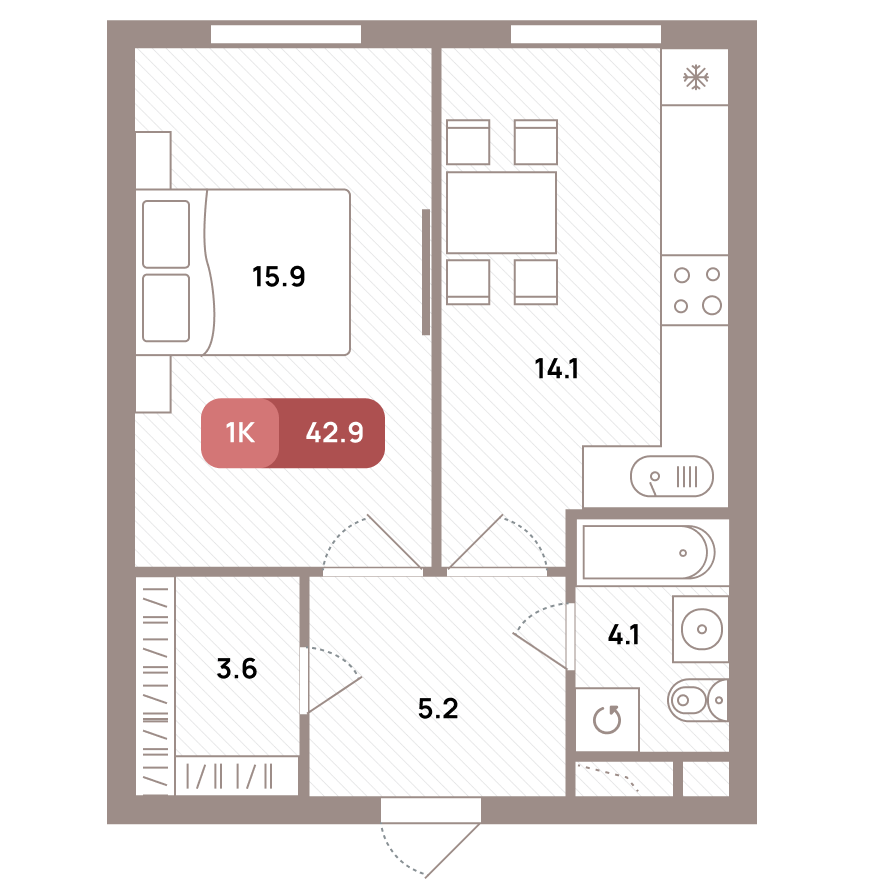 1 комн. квартира, 42.9 м², 23 этаж 