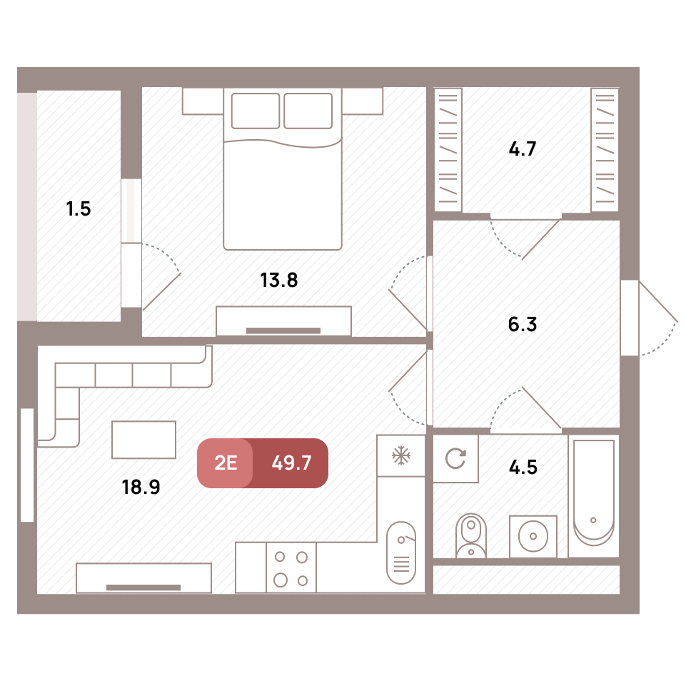 2 комн. квартира, 49.7 м², 23 этаж 
