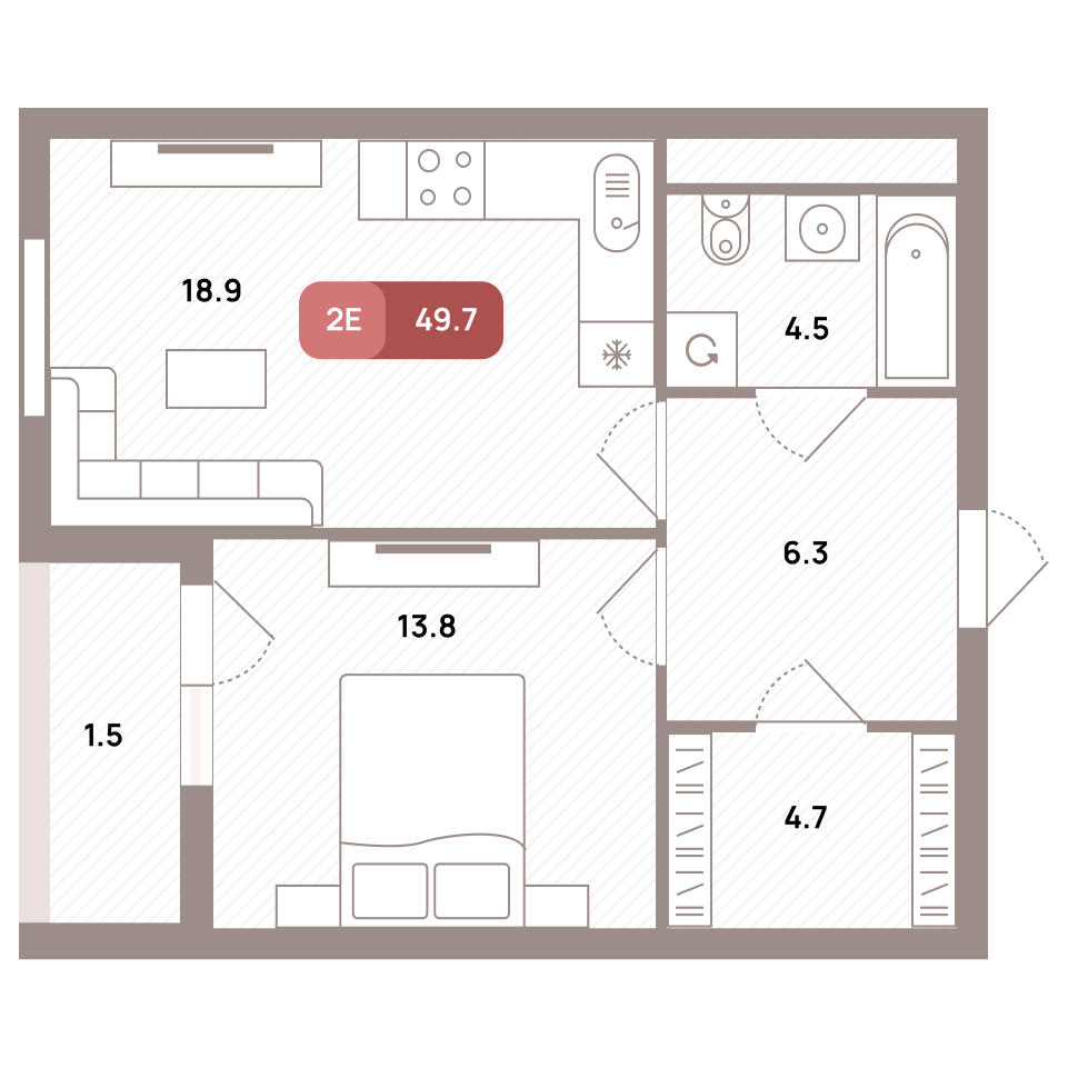 2 комн. квартира, 49.7 м², 23 этаж 