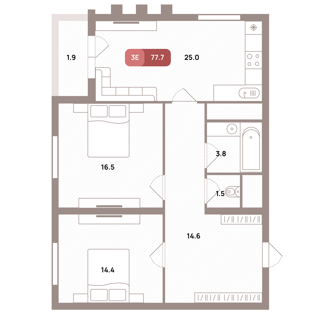3 комн. квартира, 77.7 м², 23 этаж 