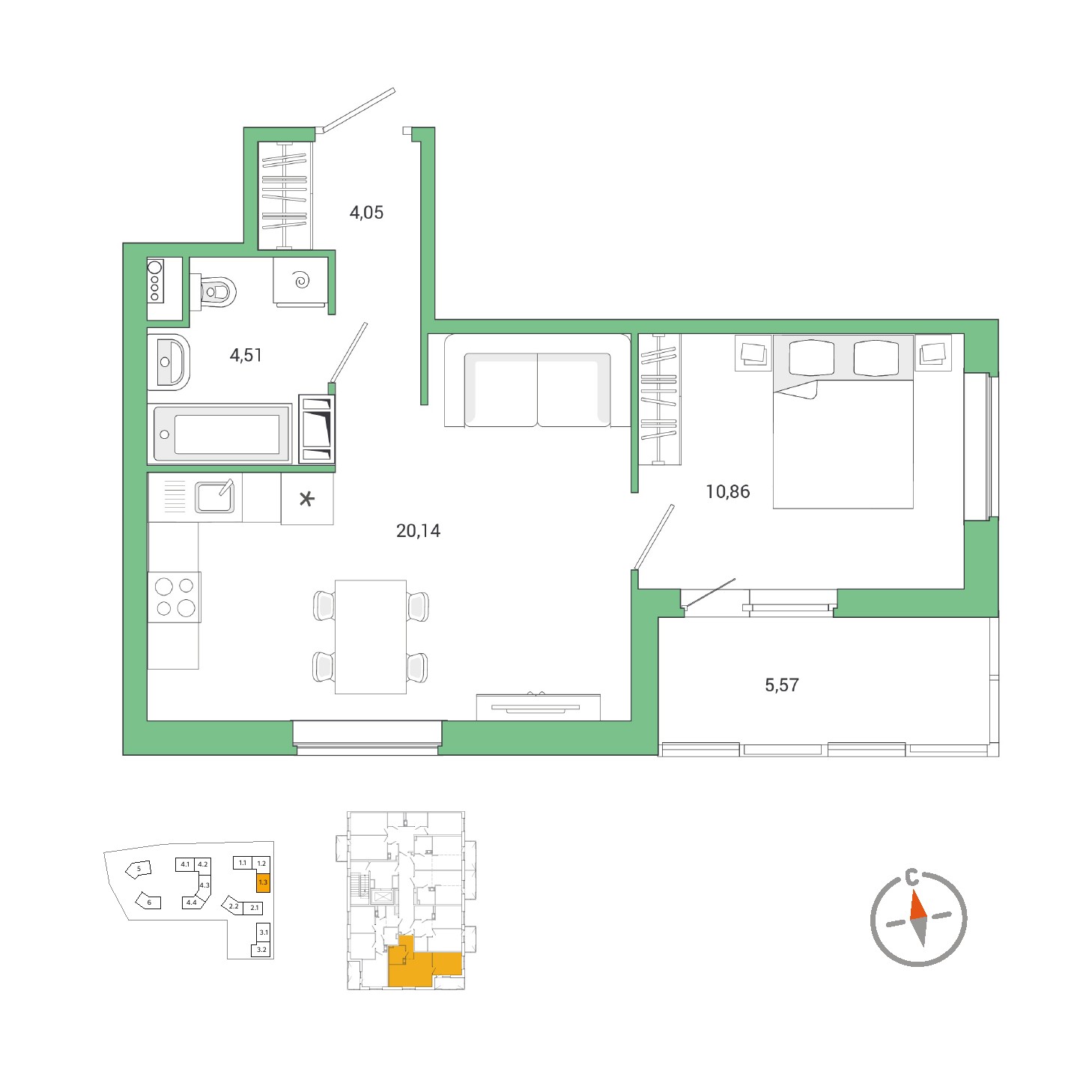 1 комн. квартира, 45.1 м², 9 этаж 