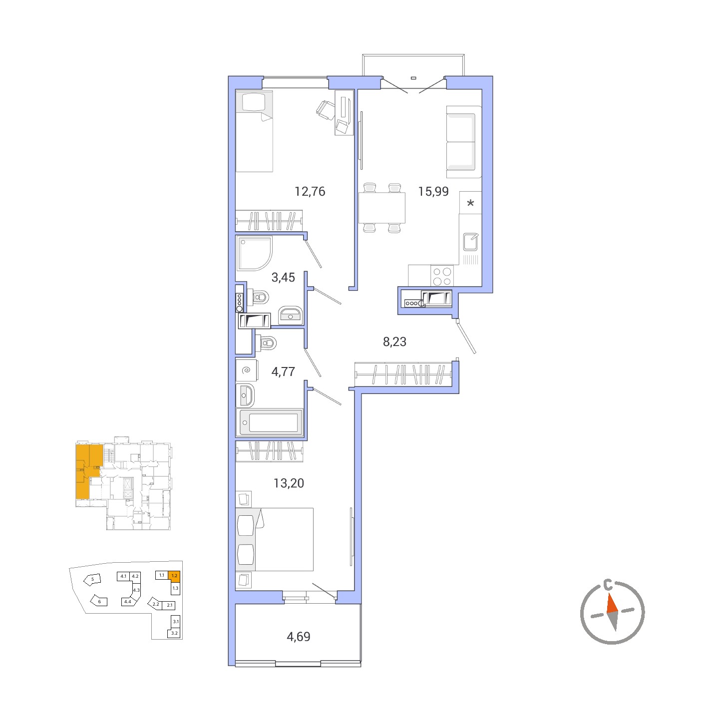 2 комн. квартира, 63.1 м², 10 этаж 