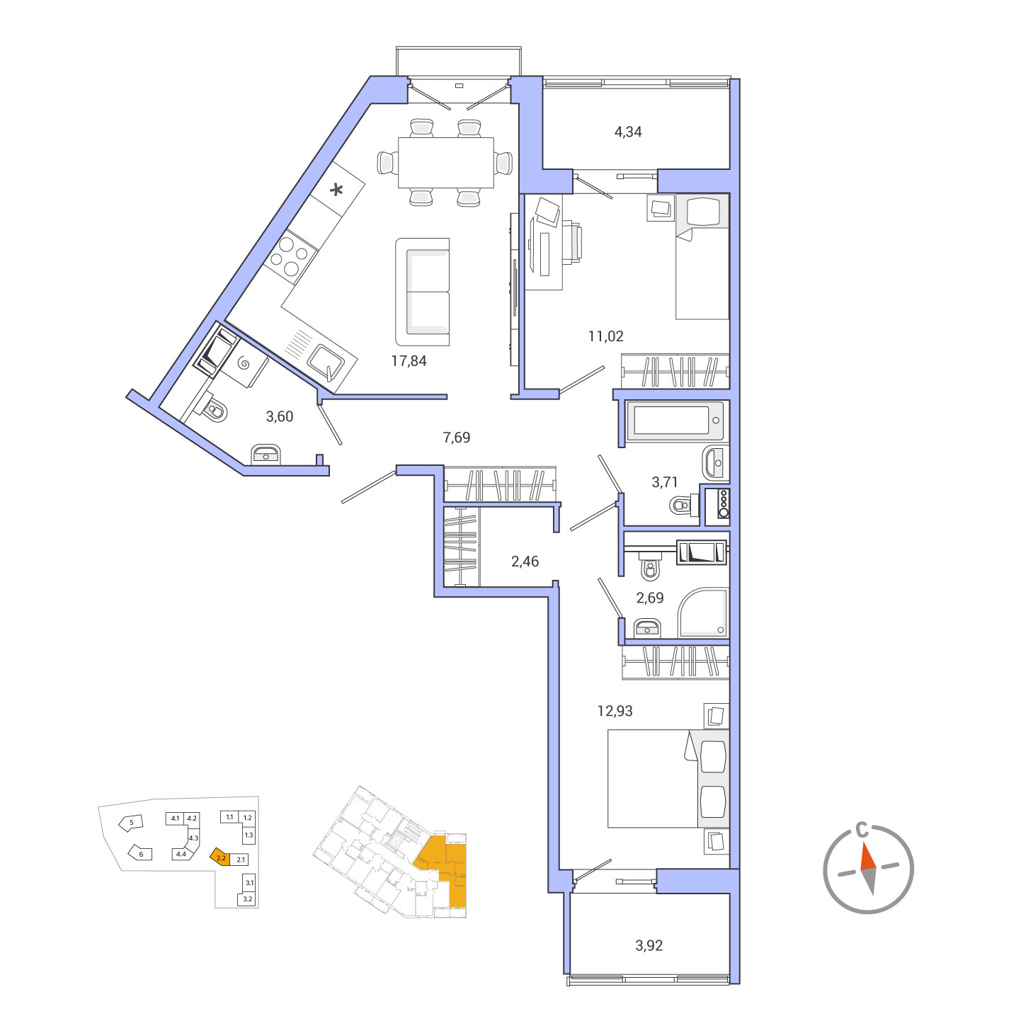 2 комн. квартира, 70.2 м², 7 этаж 