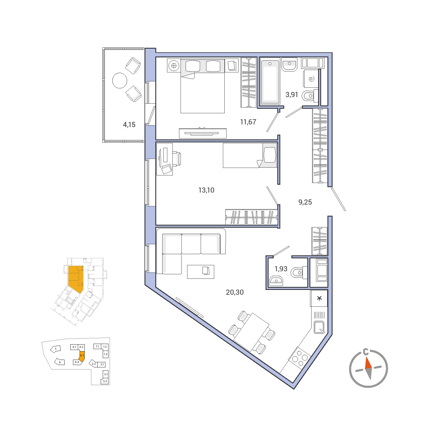 2 комн. квартира, 64.3 м², 1 этаж 