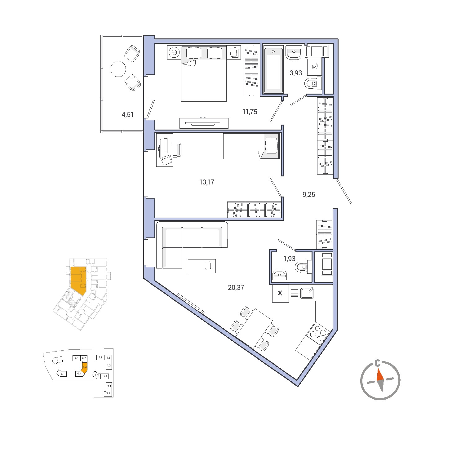 2 комн. квартира, 64.9 м², 4 этаж 