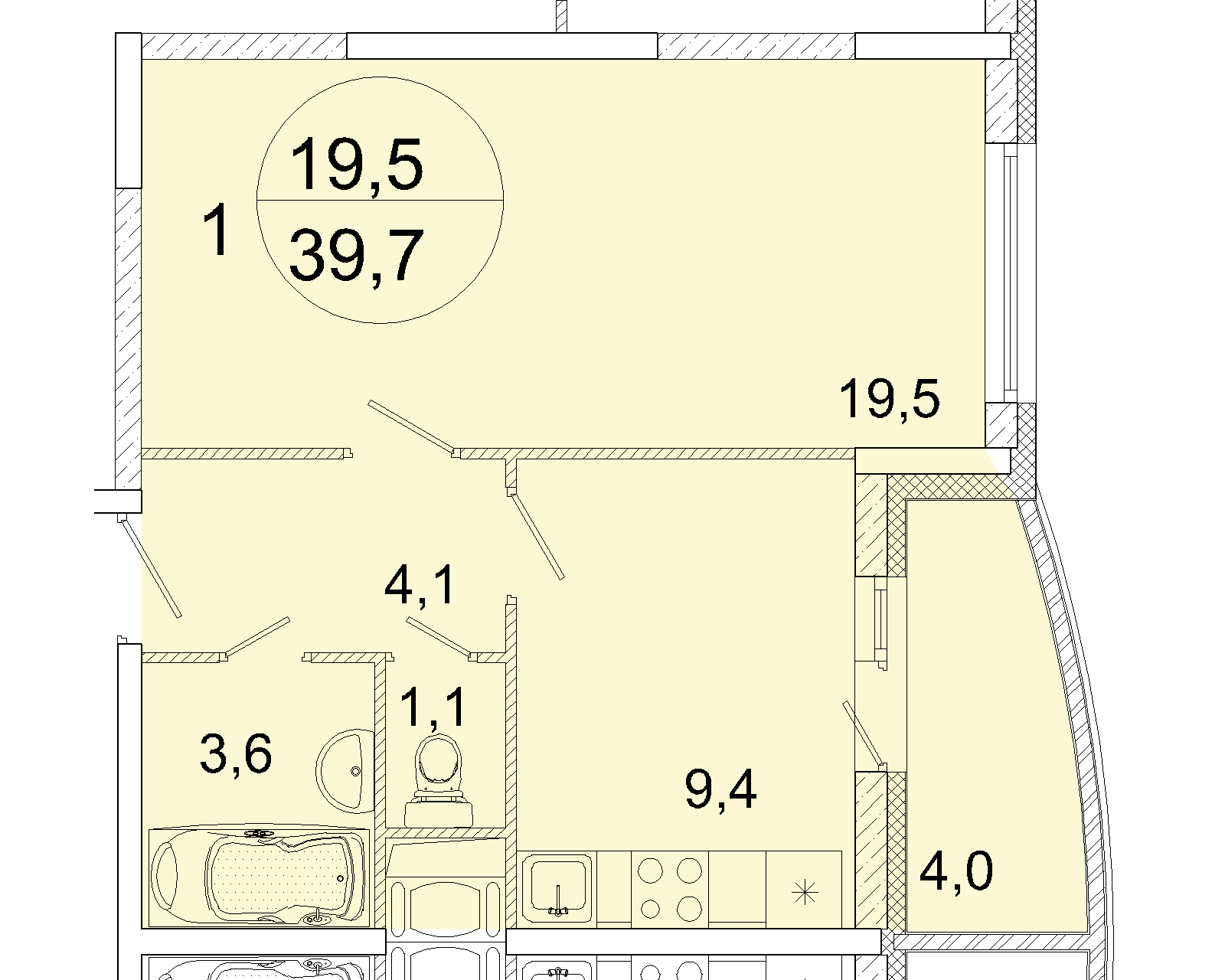 1 комн. квартира, 39.7 м², 15 этаж 