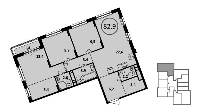 3 комн. квартира, 83.7 м², 15 этаж 