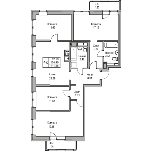 4 комн. квартира, 111.9 м², 20 этаж 