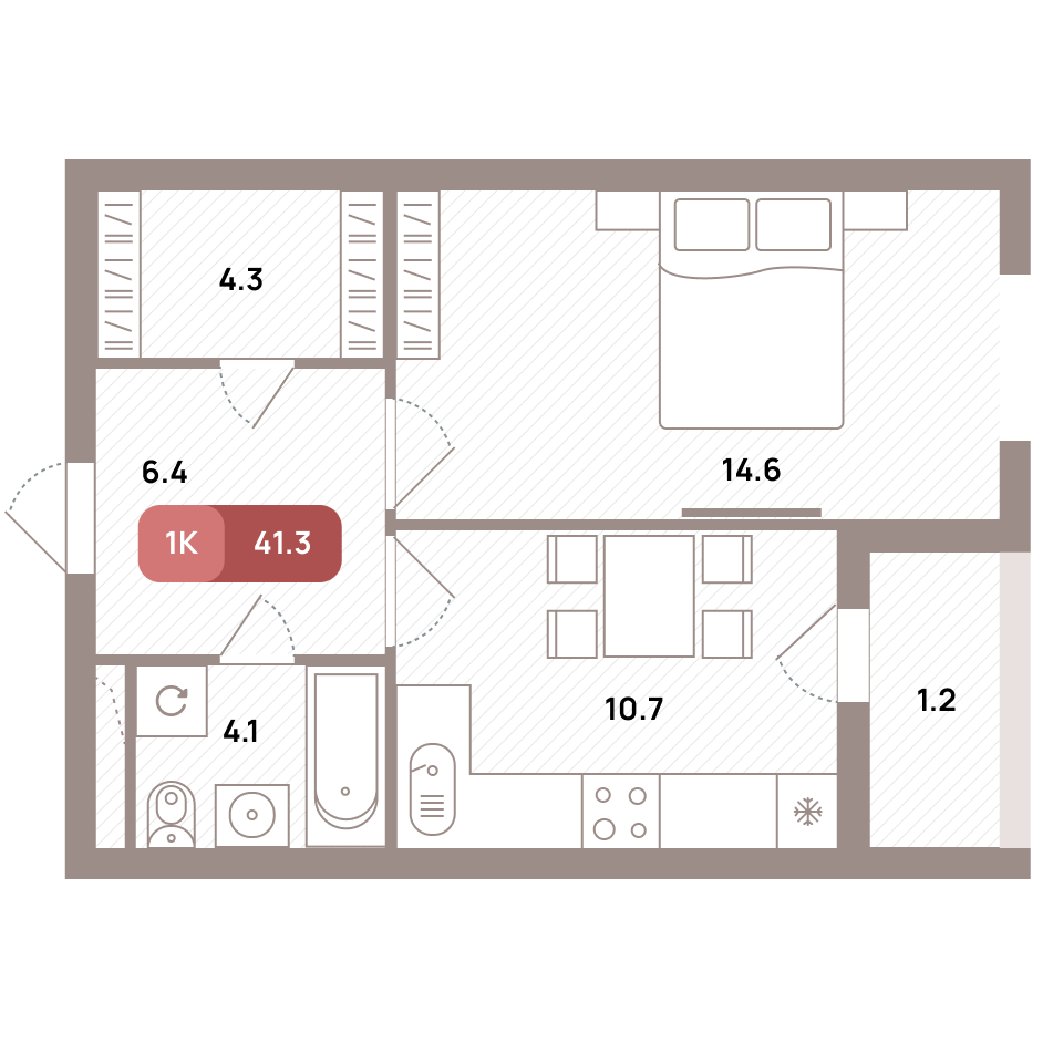 1 комн. квартира, 41.3 м², 2 этаж 