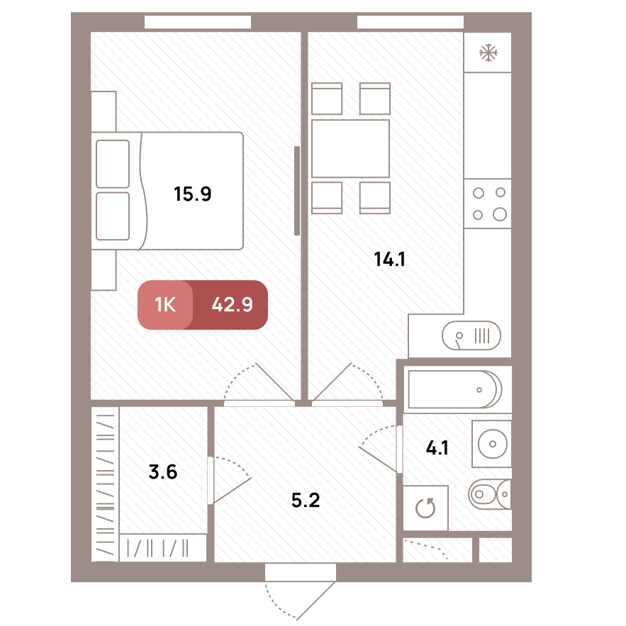 1 комн. квартира, 42.9 м², 15 этаж 